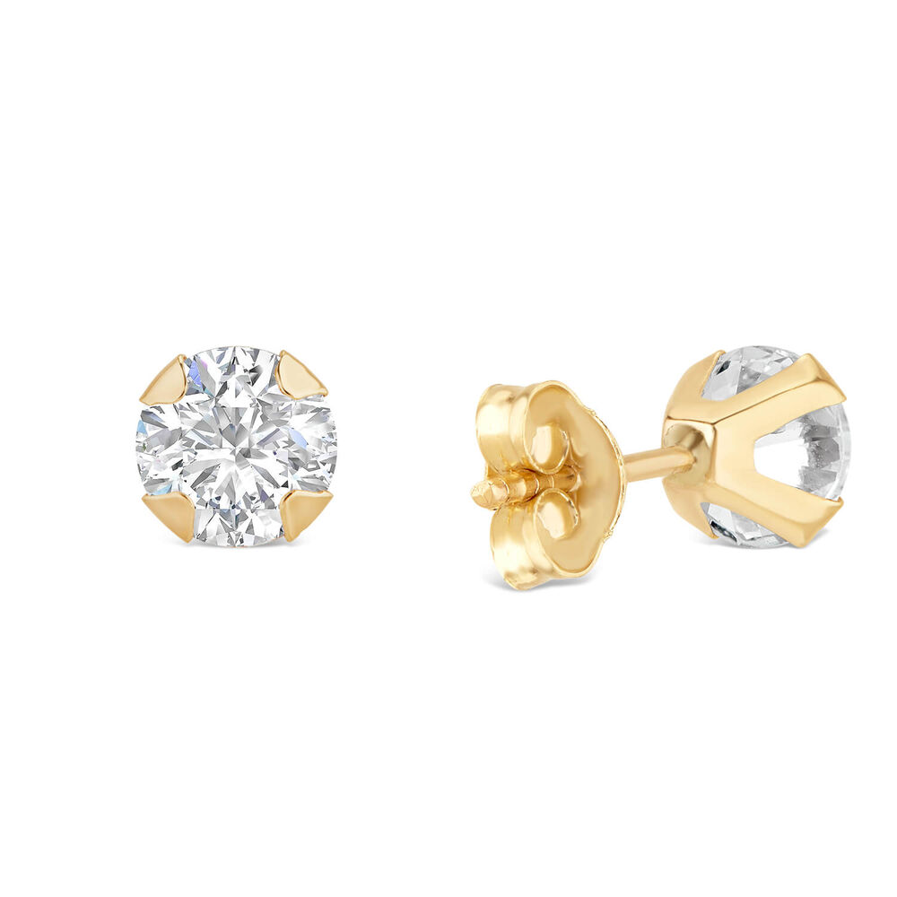 9ct Yellow Gold 5mm Four Claw Cubic Zirconia Stud Earrings image number 2