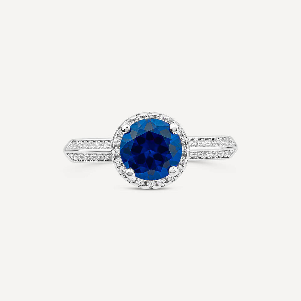 Sterling Silver Blue Centre Stone & Cubic Zirconia Shoulders Ring