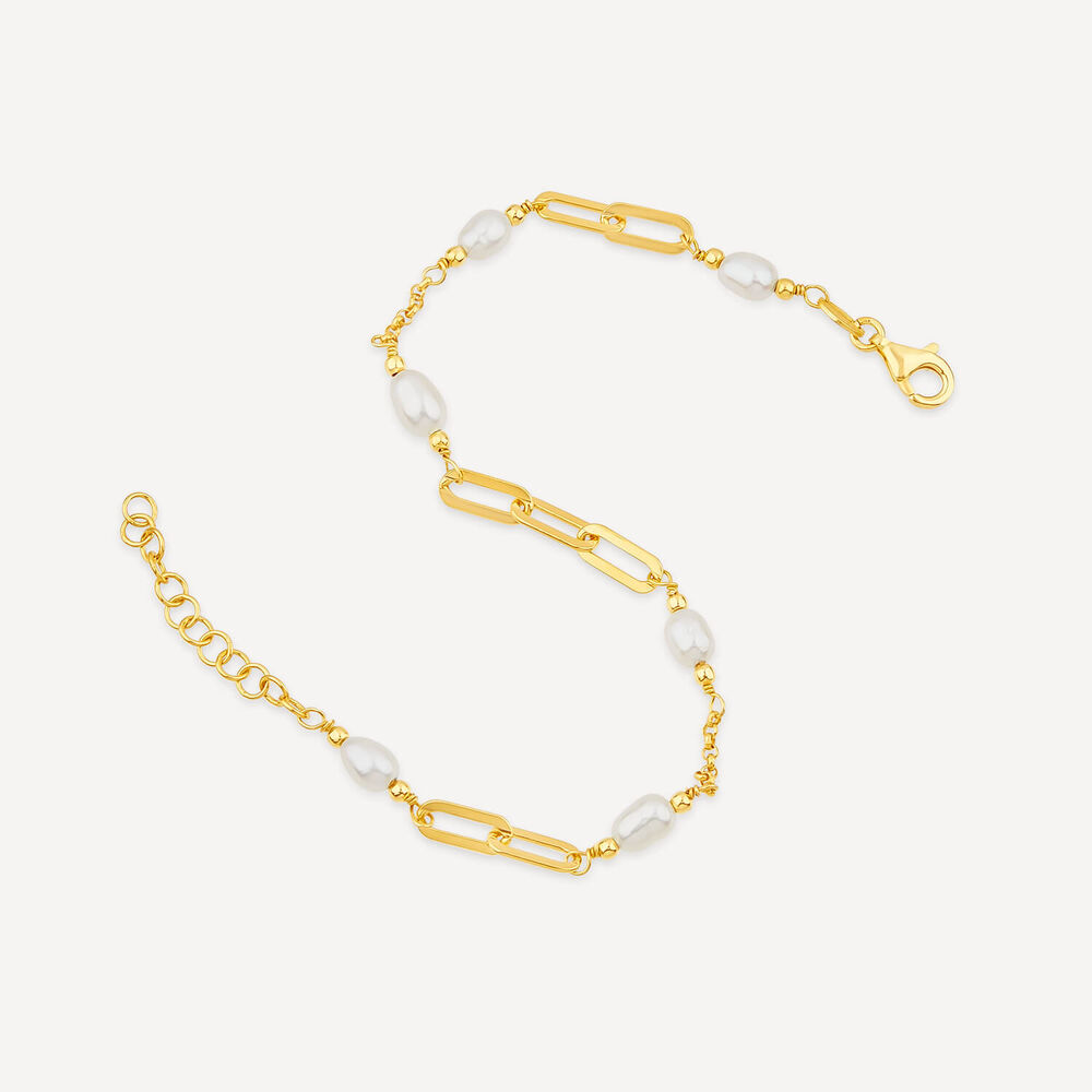 Yellow Gold Plated Sterling Silver Stationed Pearl Paperlink Bracelet image number 3