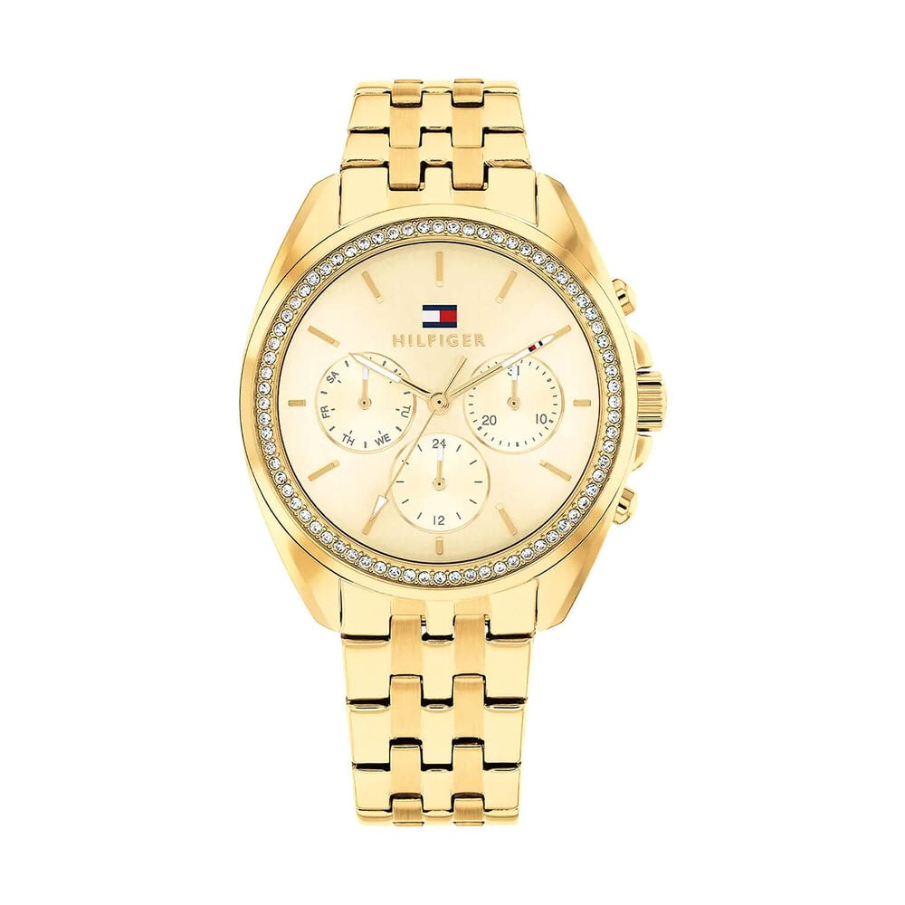 Tommy Hilfiger Mellie 36mm Gold Dial Cubic Zirconia Bezel Yellow Gold Plated Case Bracelet Watch