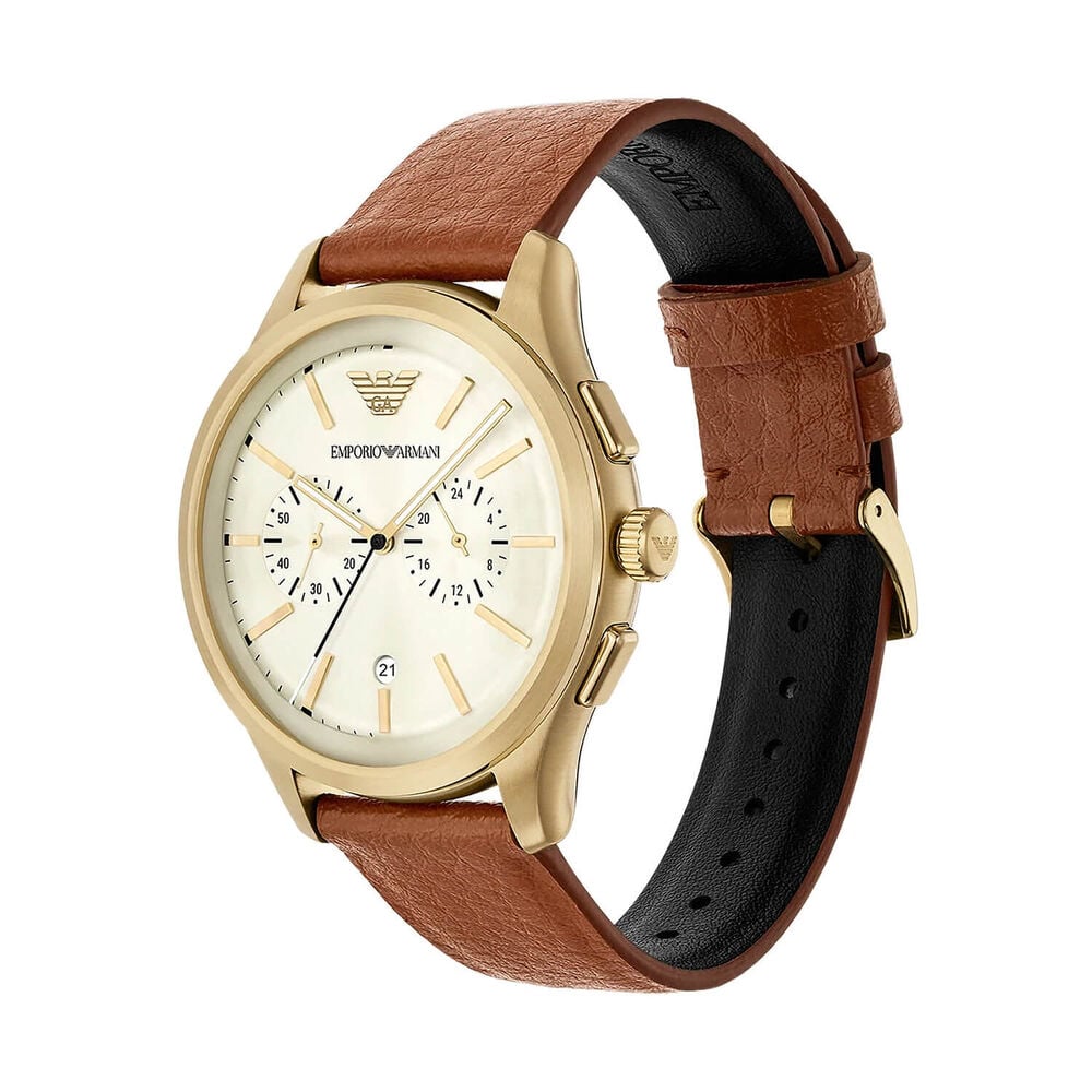Emporio Armani 42mm Gold Dial Brown Leather Strap Chronograph Watch image number 1