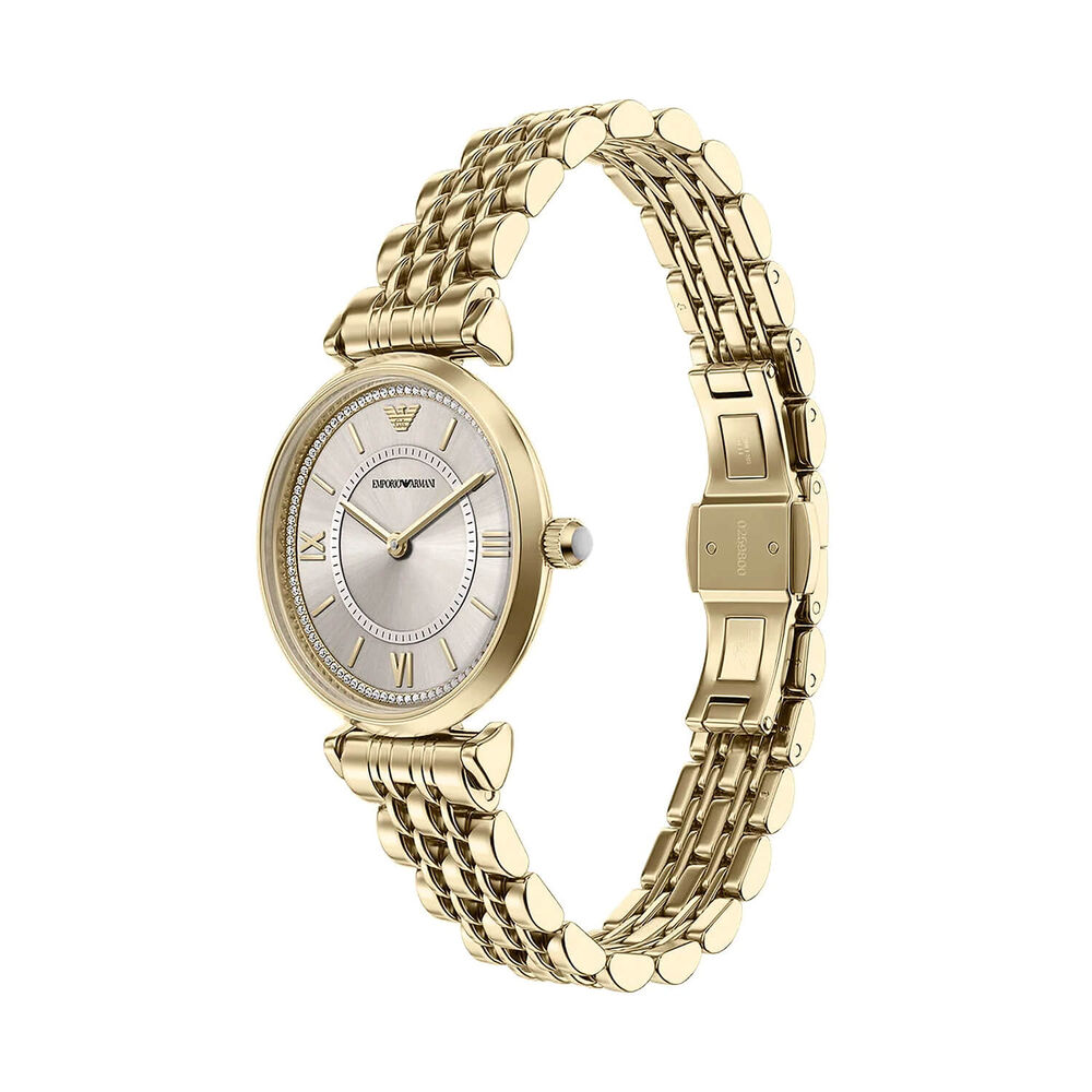 Emporio Armani Gianni T-Bar 32mm Beige Gold Dial Yellow Gold Tone Steel Bracelet Watch