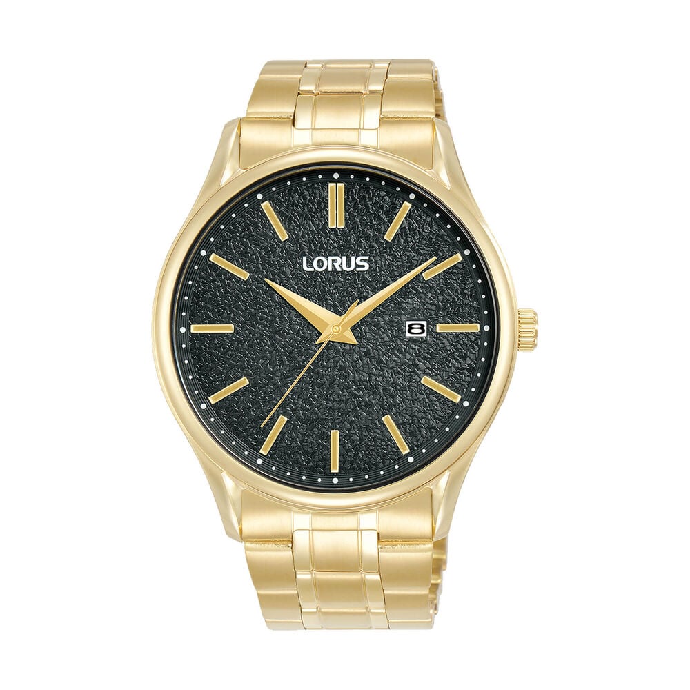 Lorus Black Moon 42mm Black Dial Yellow Gold Tone Steel Bracelet Watch