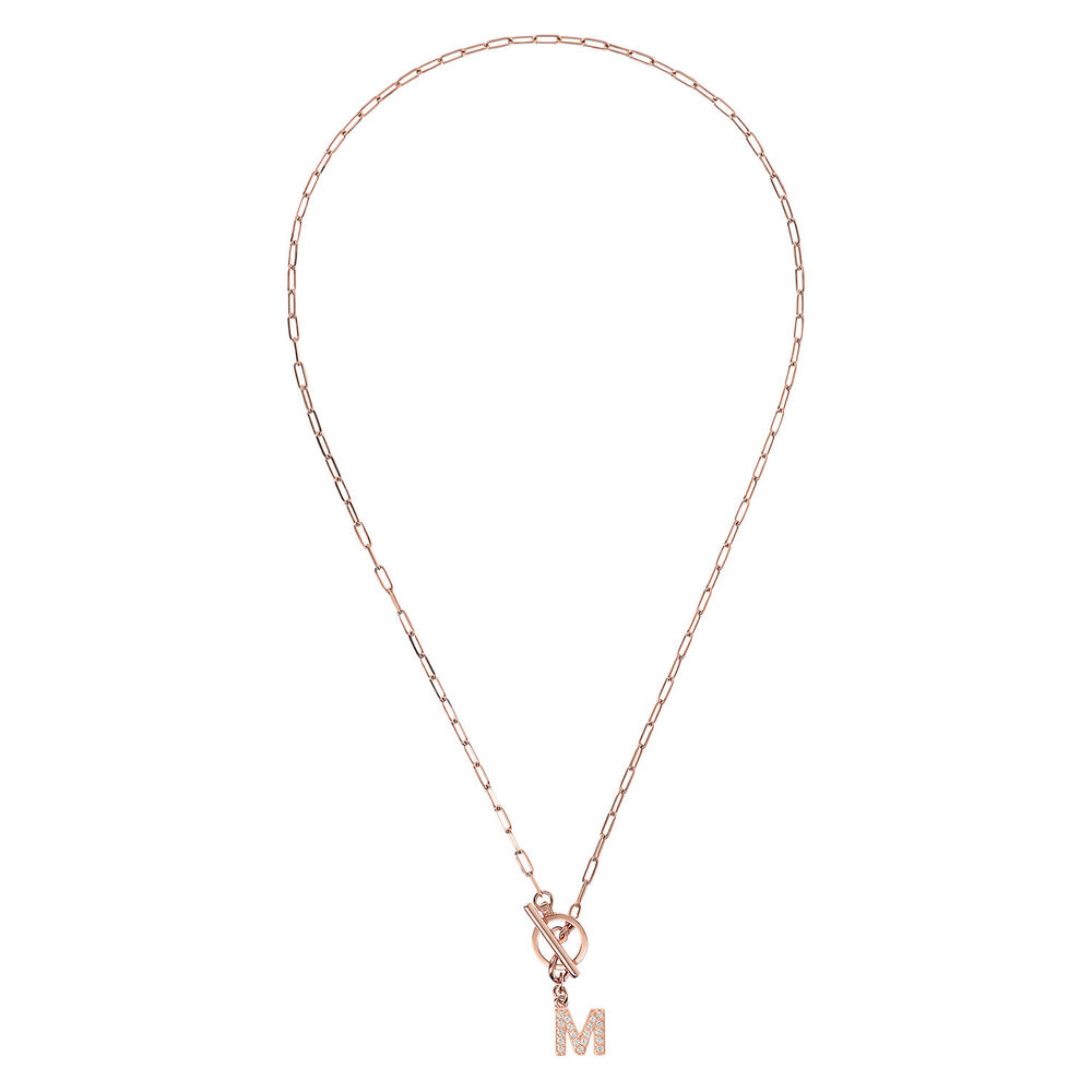 Bronzallure Mini Paper Link With Latter M Pave And T-Bar Necklace
