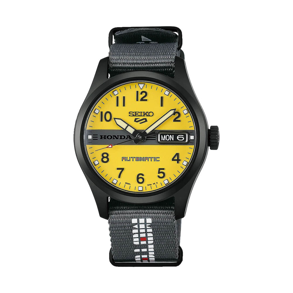 Seiko 5 Sports x Honda Motocompo Limited Edition 36.4mm Yellow Dial Black Nylon Strap Watch