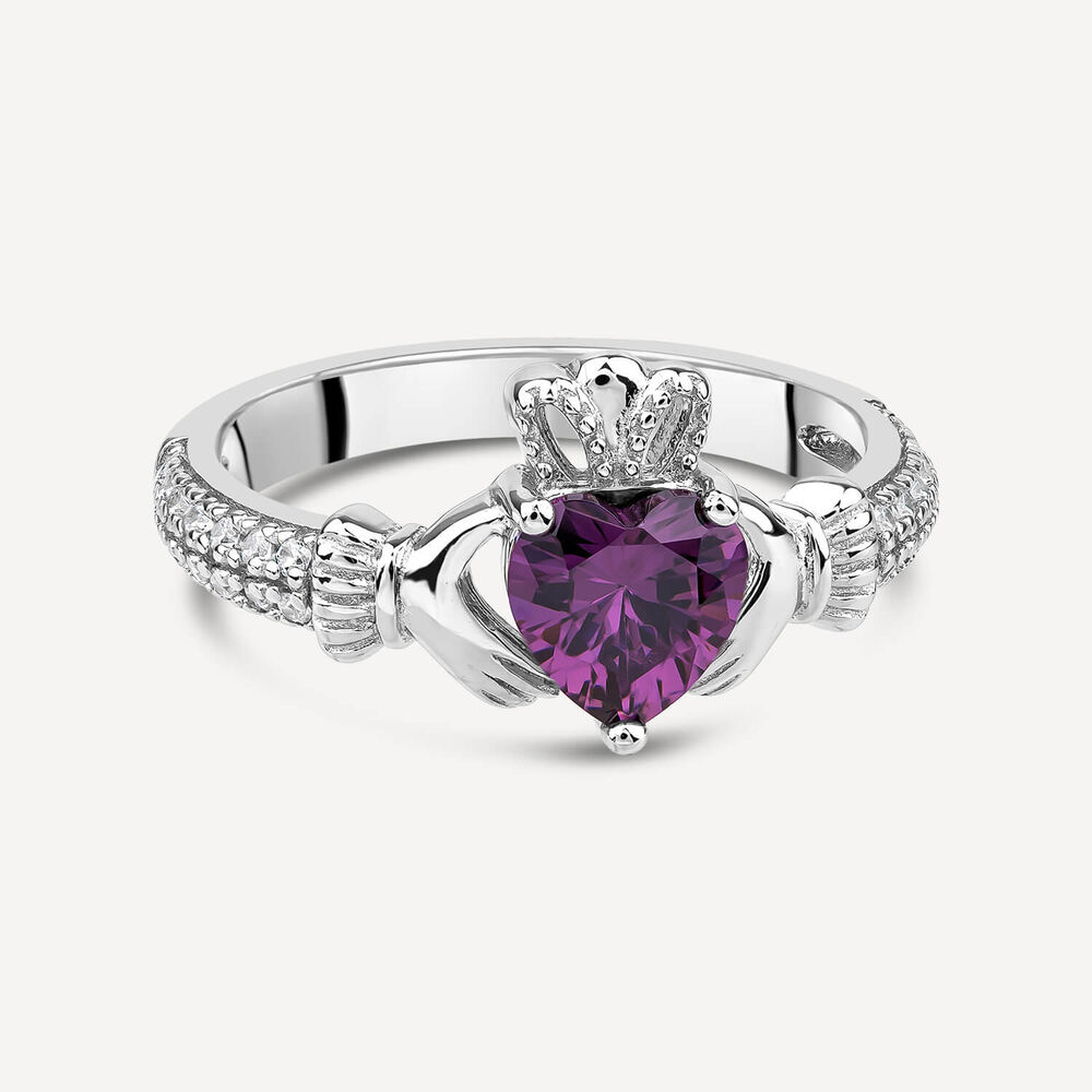 Sterling Silver Claddagh Birthstone February Cubic Zirconia Shoulder Set Ring image number 2
