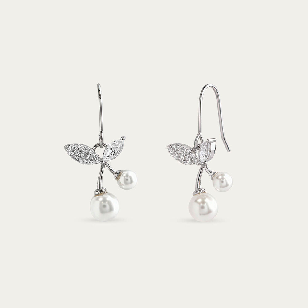 Sterling Silver Double Pearl With Marquise & Pave Cubic Zirconia Hook Earrings