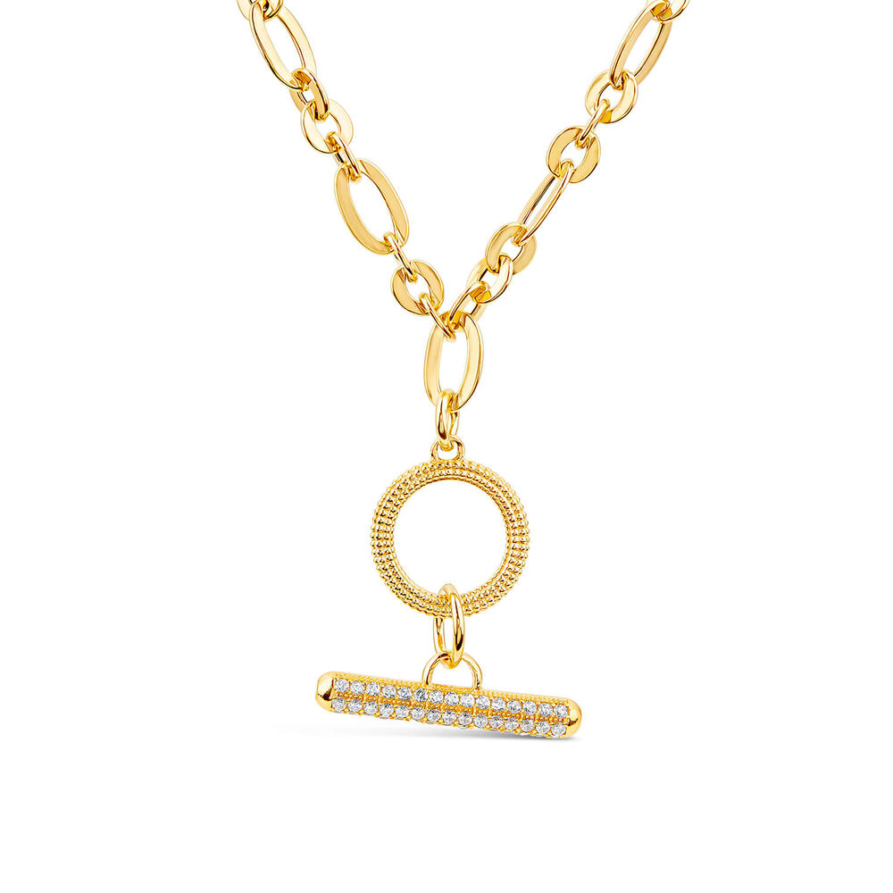 Sterling Silver & Yellow Gold Plated Figaro Cubic Zirconia T-Bar Necklet image number 0