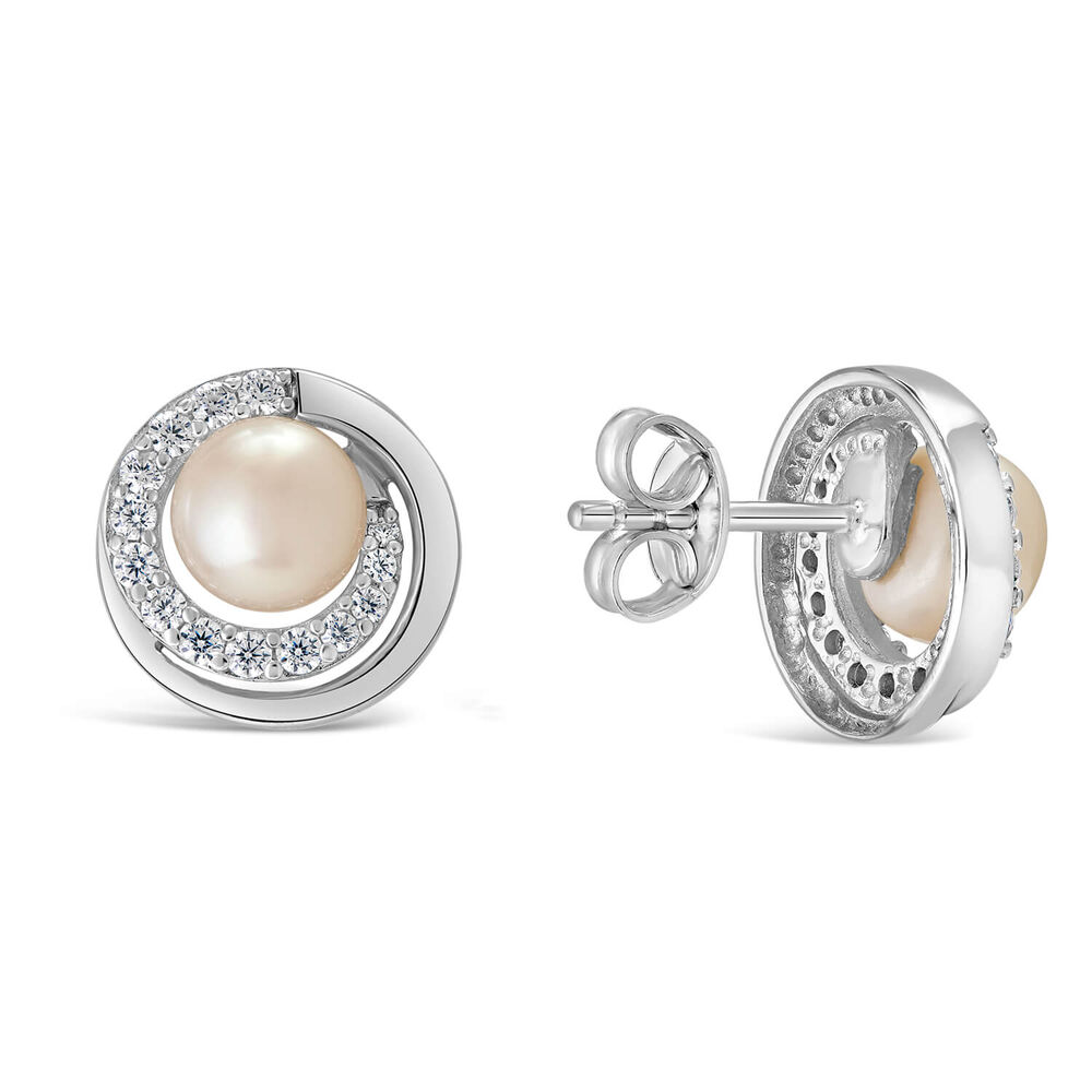 Sterling Silver Freshwater Cultured Pearl and Cubic Zirconia Circle Stud Earrings image number 2