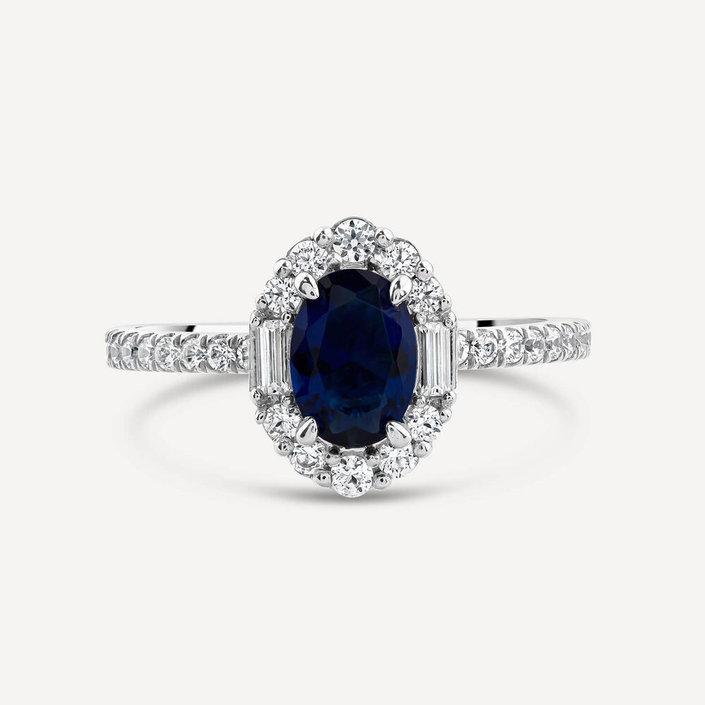 Platinum Sapphire Centre 0.48ct Diamond Halo Baguette & Shoulders Ring