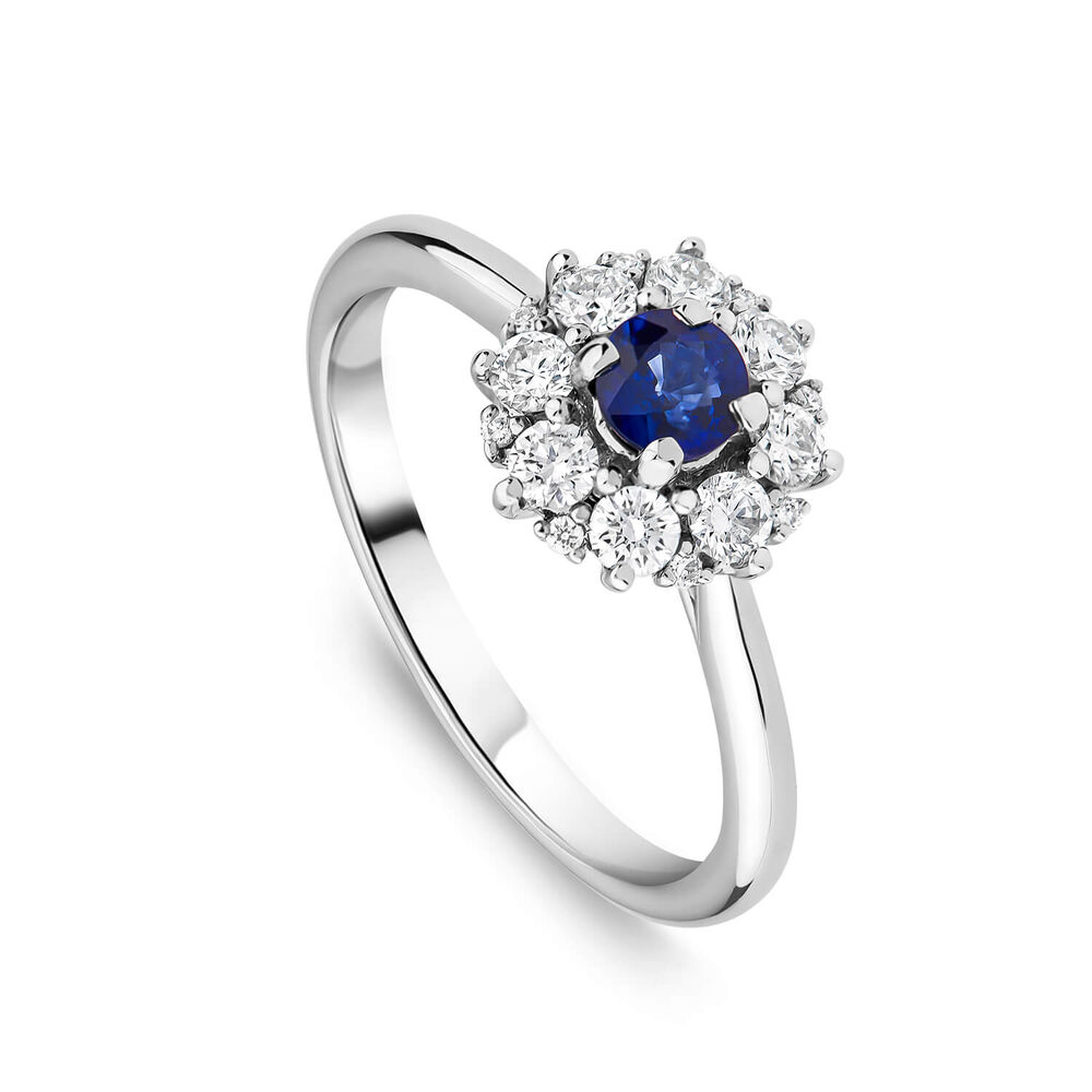 Platinum Sapphire Centre 0.38ct Diamond Halo Ring