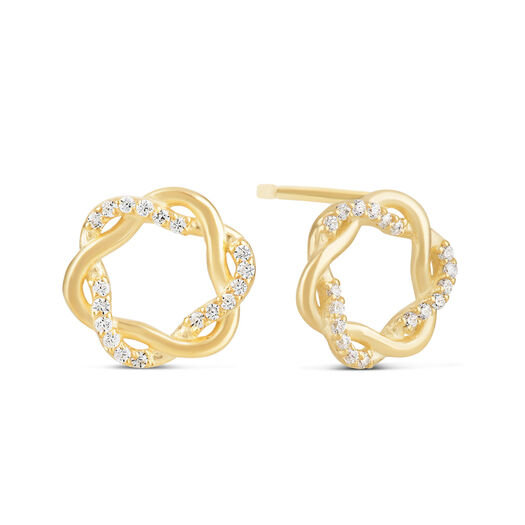 9ct Yellow Gold Plaited Plain and Cubic Zirconia Circle Stud Earrings