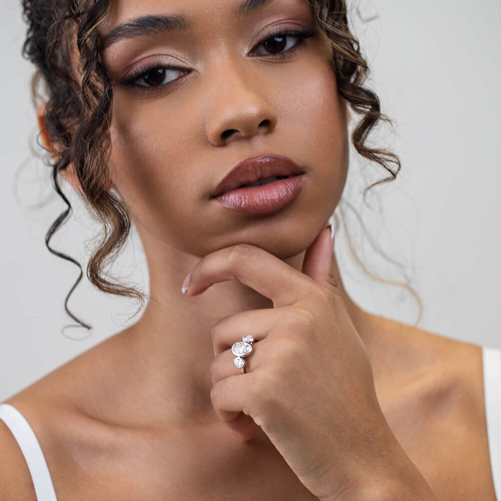 Born Platinum Lab Grown 2.80ct Oval Diamond Three Stone Bezel Set Ring