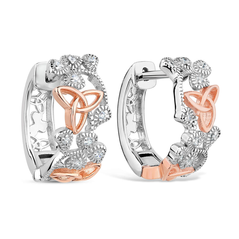Silver Rose Plated Cubic Zirconia Shamrock And Trinity Knot Earrings image number 1