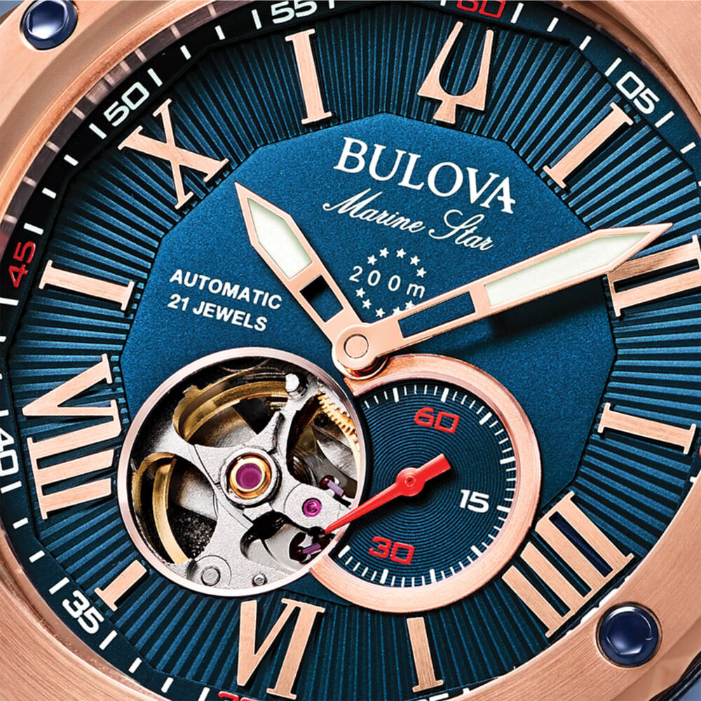 Bulova Marine Star Series A Automatic 45mm Blue Dial Rose Gold Tone Case Silicone Strap Watch image number 5