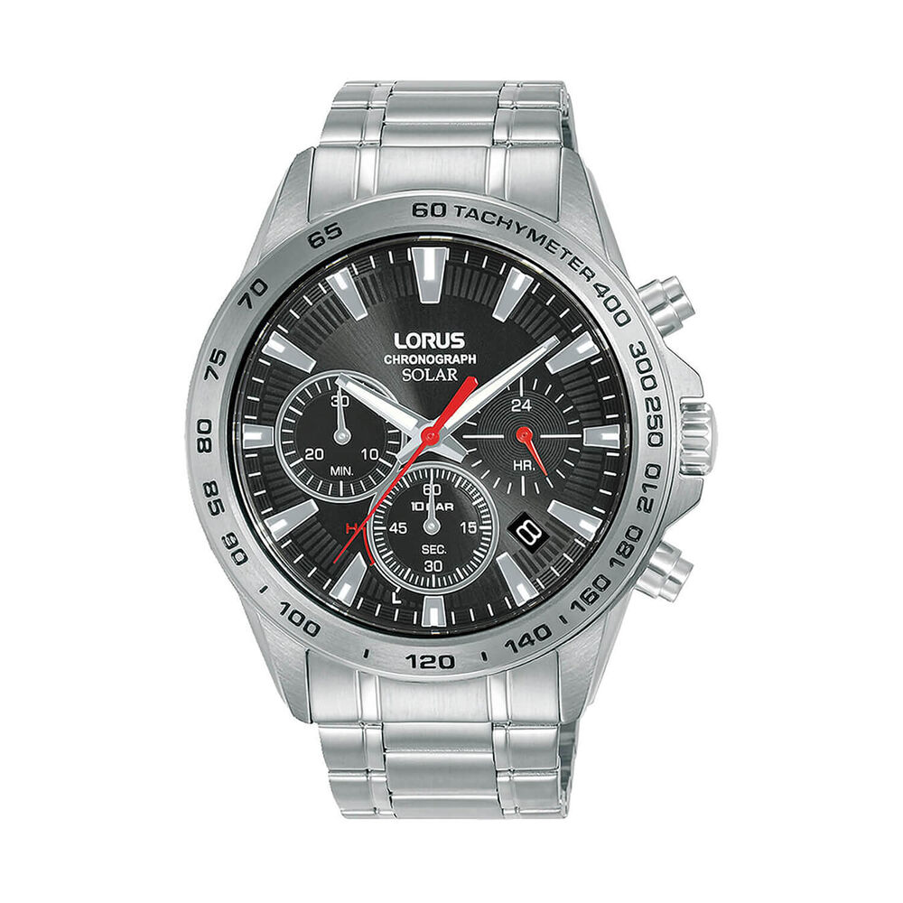 Lorus Solar Chronograph 43.8mm Black Sunray Dial Steel Bracelet Watch image number 0