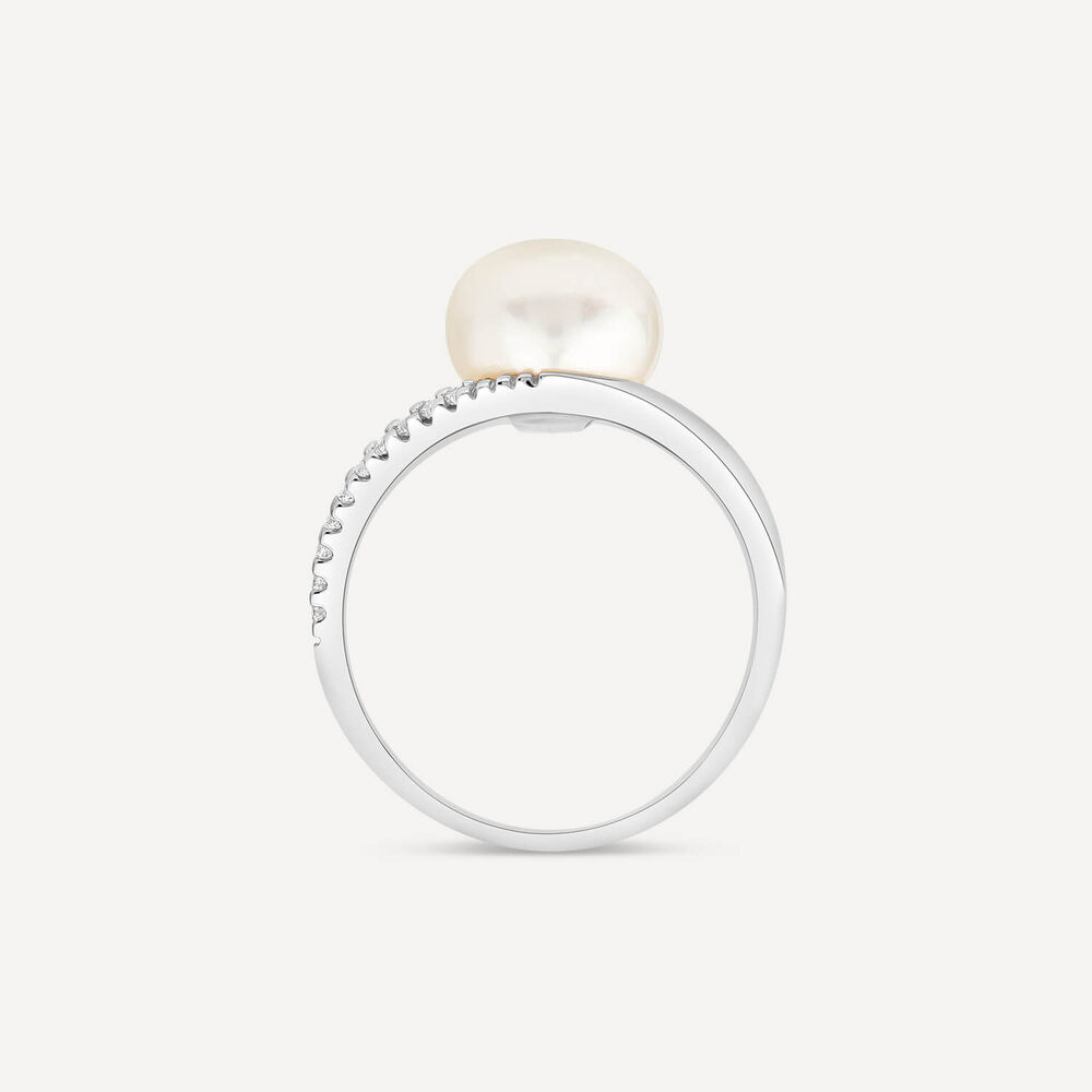 9ct White Gold Freshwater Pearl Cubic Zirconia Set Split Shoulders Ring image number 3