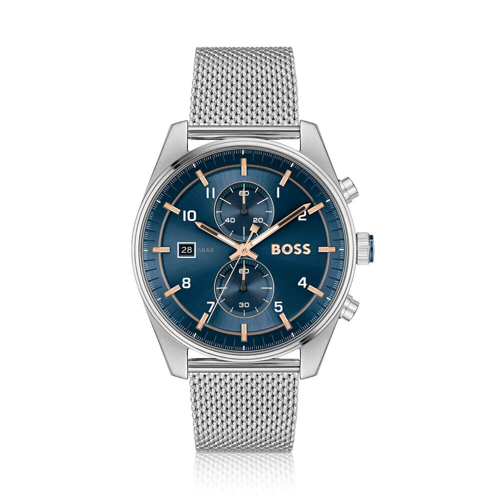 BOSS Skytraveller Chronograph 44mm Blue Dial Steel Mesh Bracelet Watch