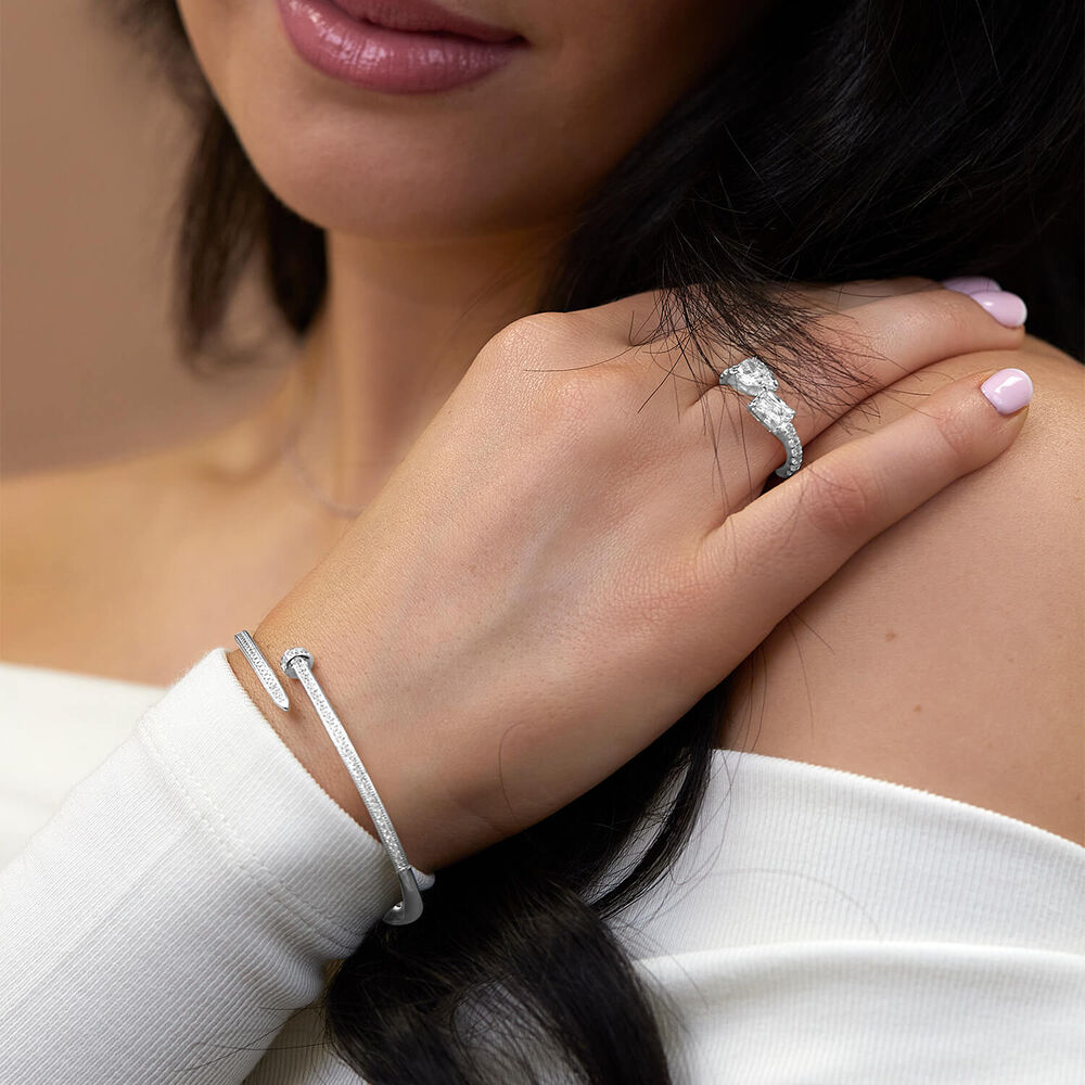 Sterling Silver Pear & Emerald Cut Cubic Zirconia Toi Et Moi Shoulders Ring image number 4