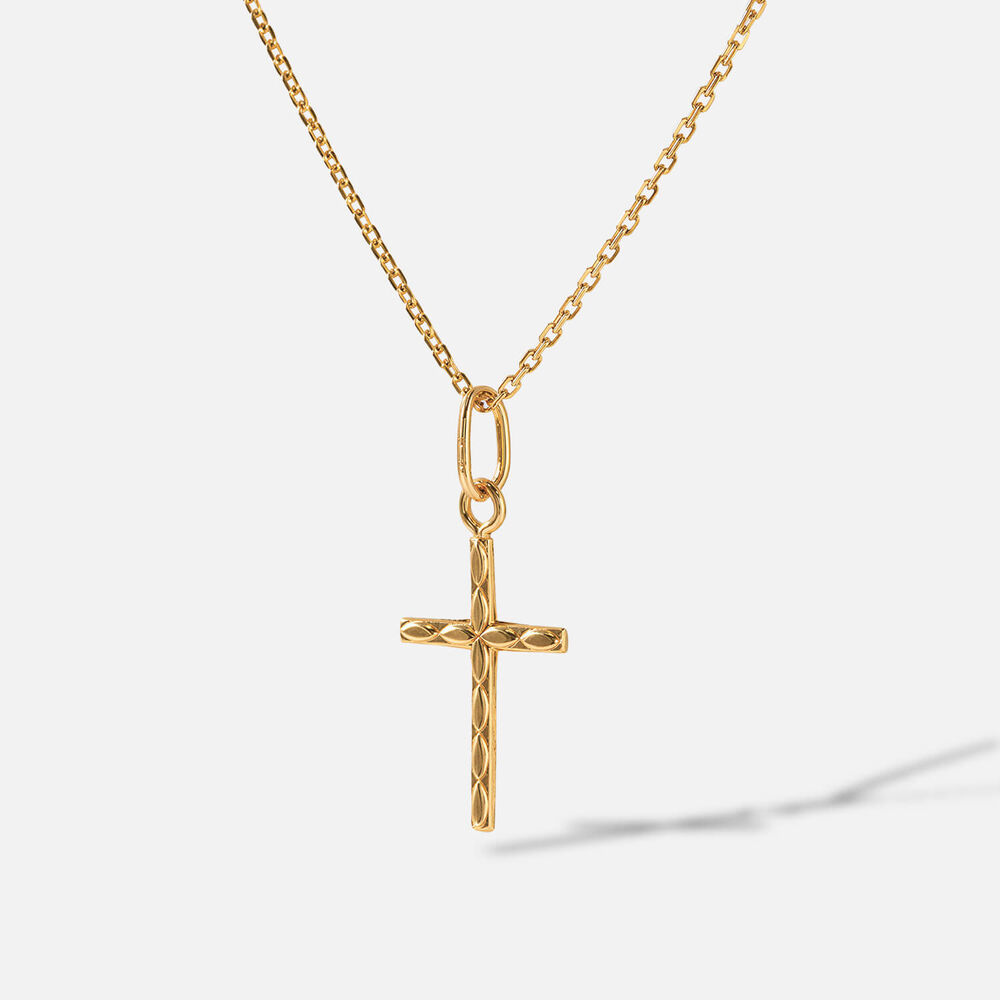 Yellow Gold Plated Sterling Silver Patterned Cross Pendant (Chain Included)