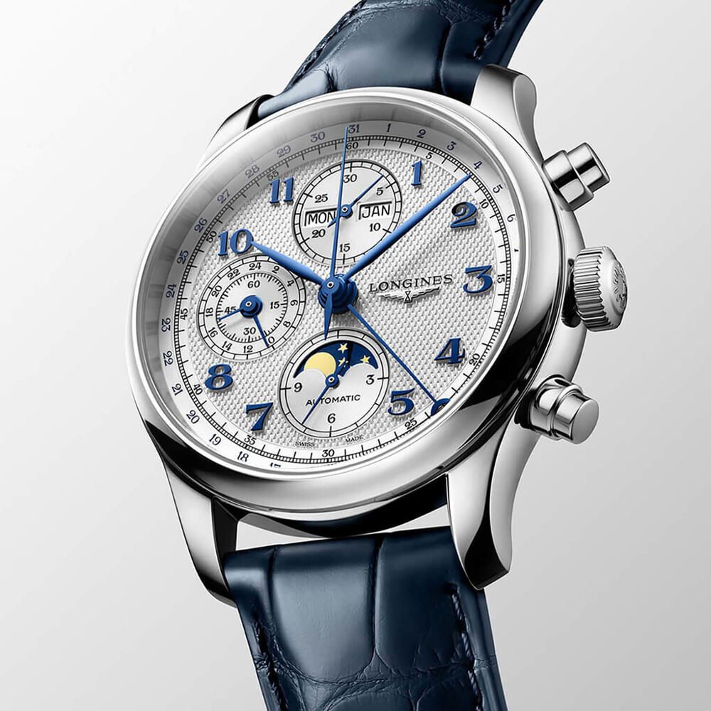 Longines Master Collection Chrono Monopusher 41mm Blue Barleycorn Dial Leather Strap Watch