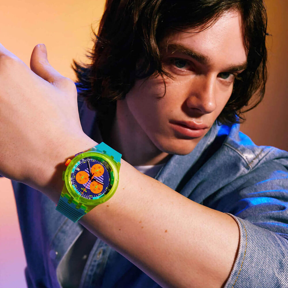 Swatch Neon Wave Chronograph 42mm Multi-Coloured Dial Blue Silicone Strap Watch image number 3