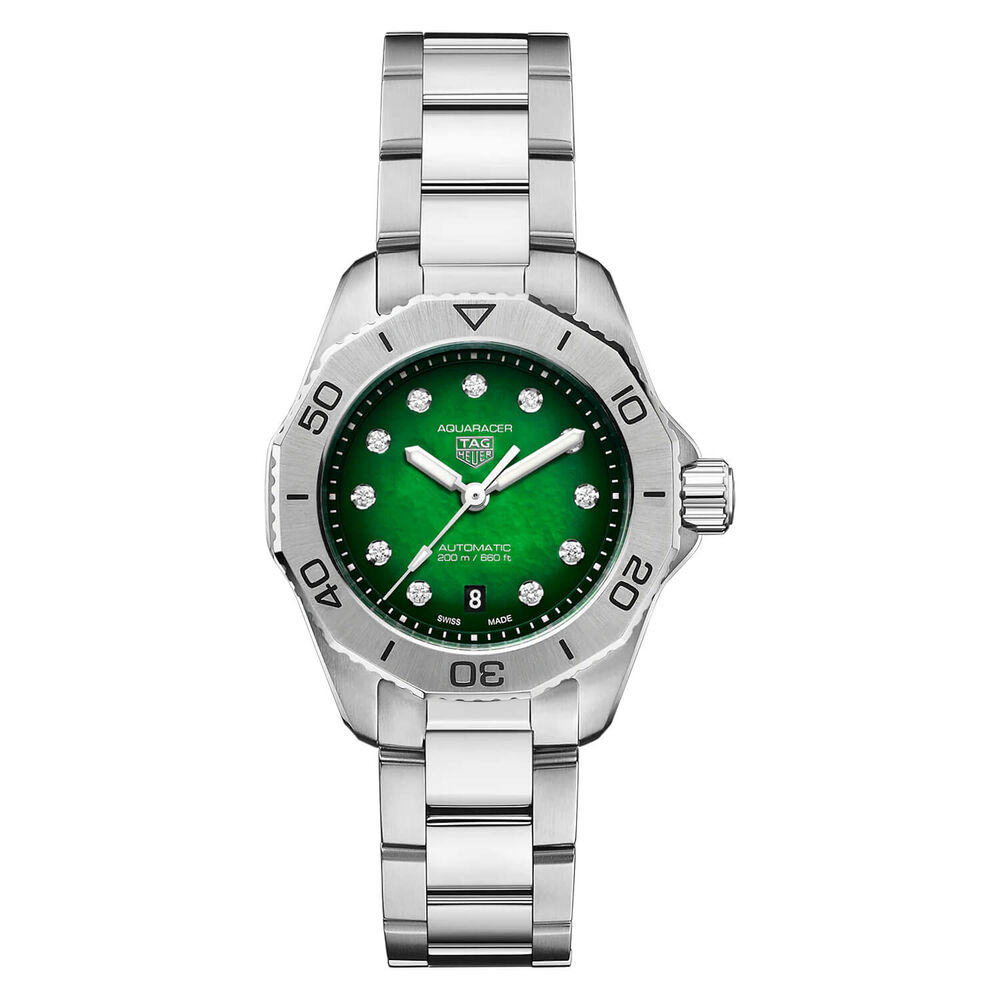 TAG Heuer Aquaracer Professional 200 Date 30mm Green Dial Diamond Dots Steel Bracelet Watch