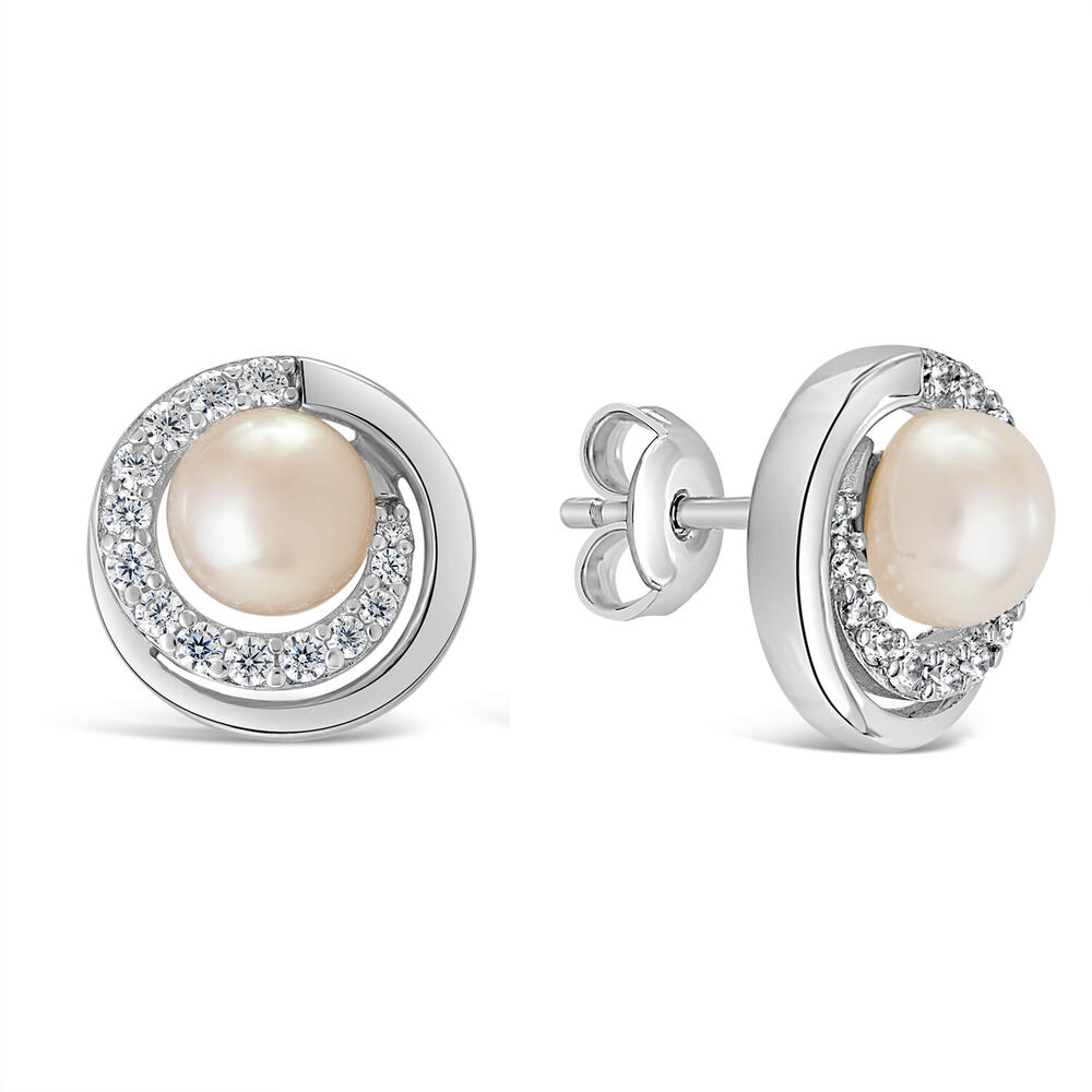Sterling Silver Freshwater Cultured Pearl and Cubic Zirconia Circle Stud Earrings image number 1