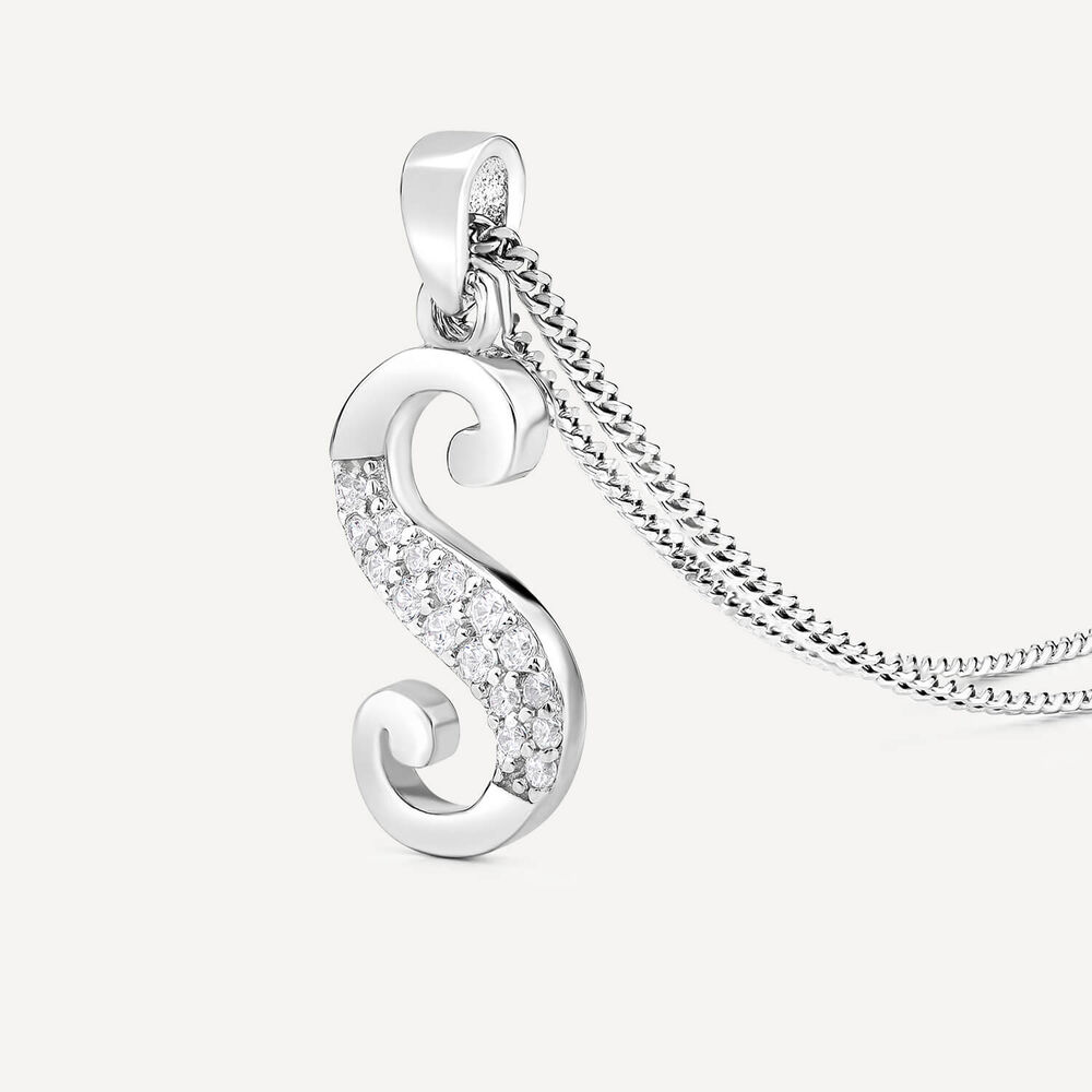 Sterling Silver Script Cubic Zirconia Initial "S" Pendant image number 2