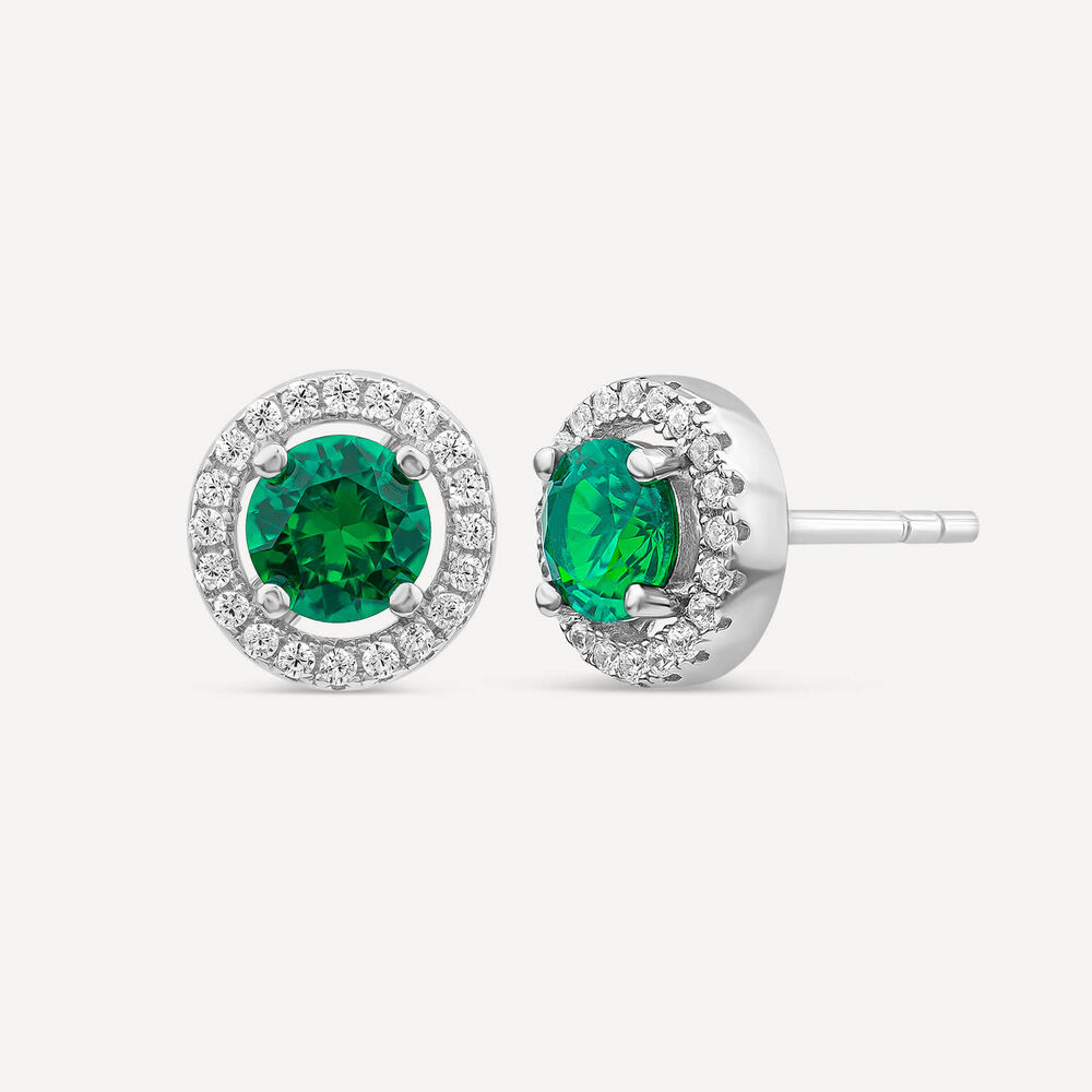 Sterling Silver Green Centre Stone & Cubic Zirconia Halo Stud Earrings image number 1