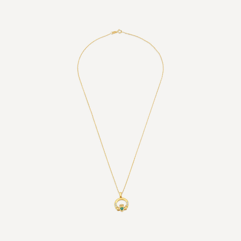 9ct Yellow Gold Green Cubic Zirconia Heart Claddagh Pendant image number 2