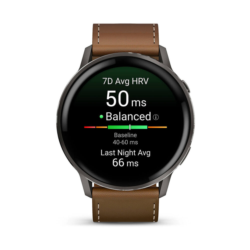 Garmin Venu 4 45mm Black Bezel Dark Brown Leather Strap Watch image number 1