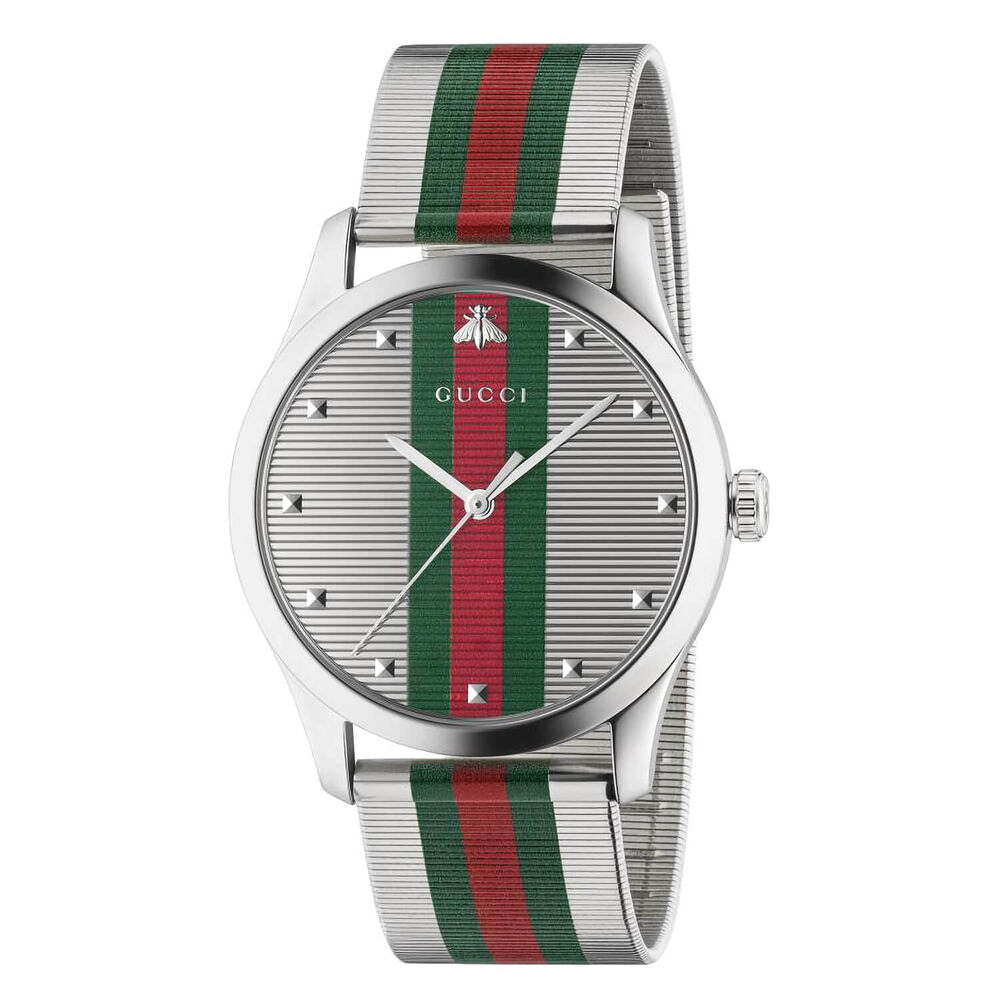 Gucci G-Timeless Red Green Mesh Dial Silver Bracelet 42mm Watch