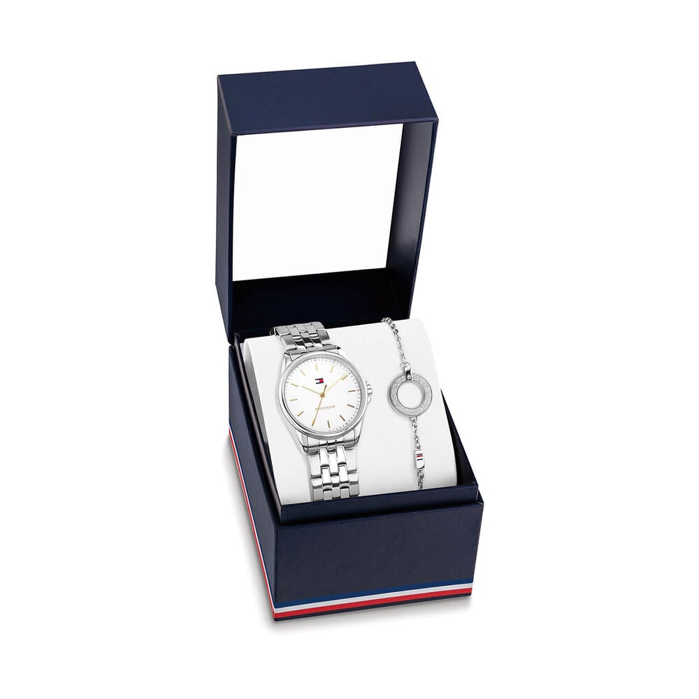 Tommy Hilfiger 30mm White Dial Steel Bracelet Watch & Steel Essential Circles Bracelet Gift Set image number 0