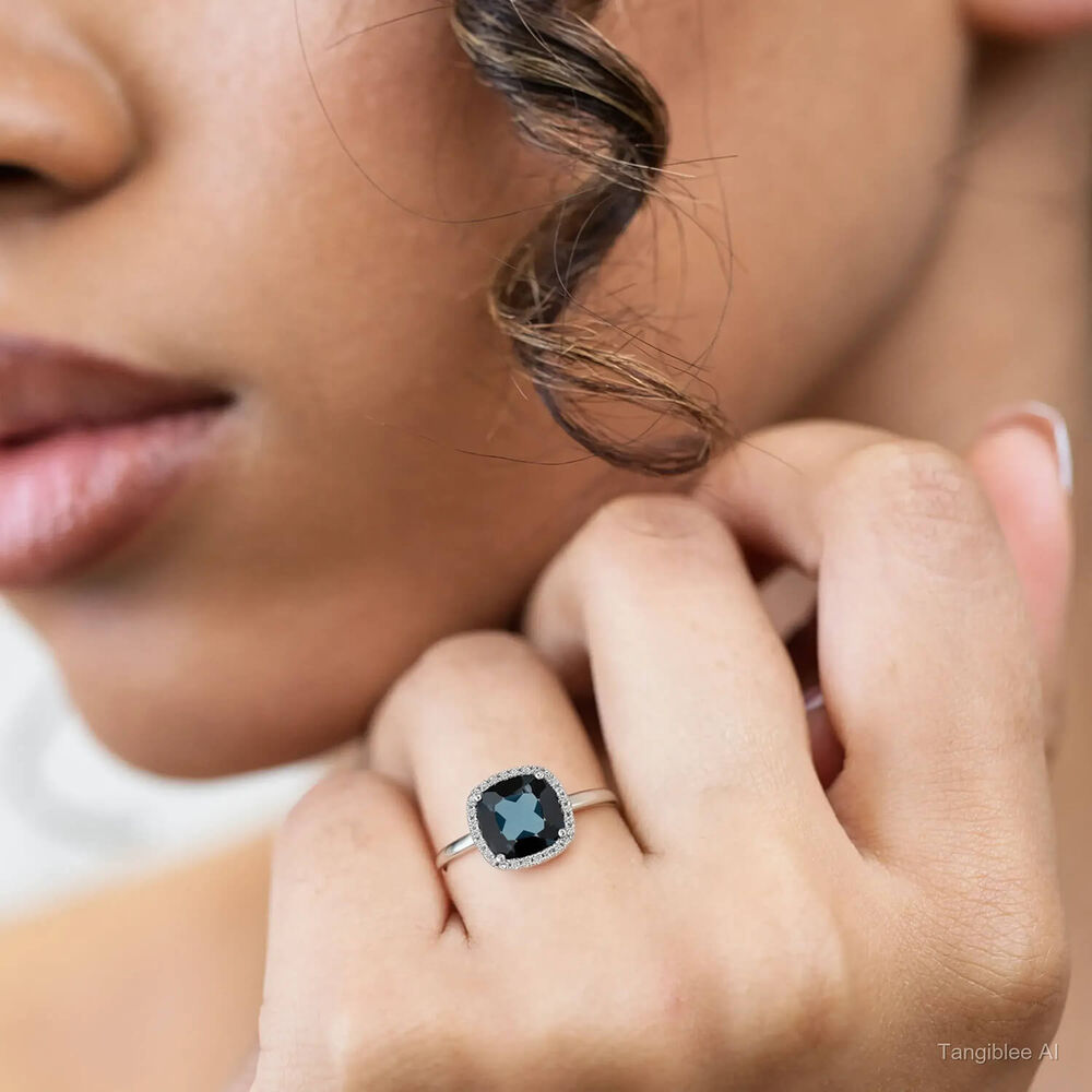 9ct White Gold Cushion London Blue Topaz Diamond Halo Ring
