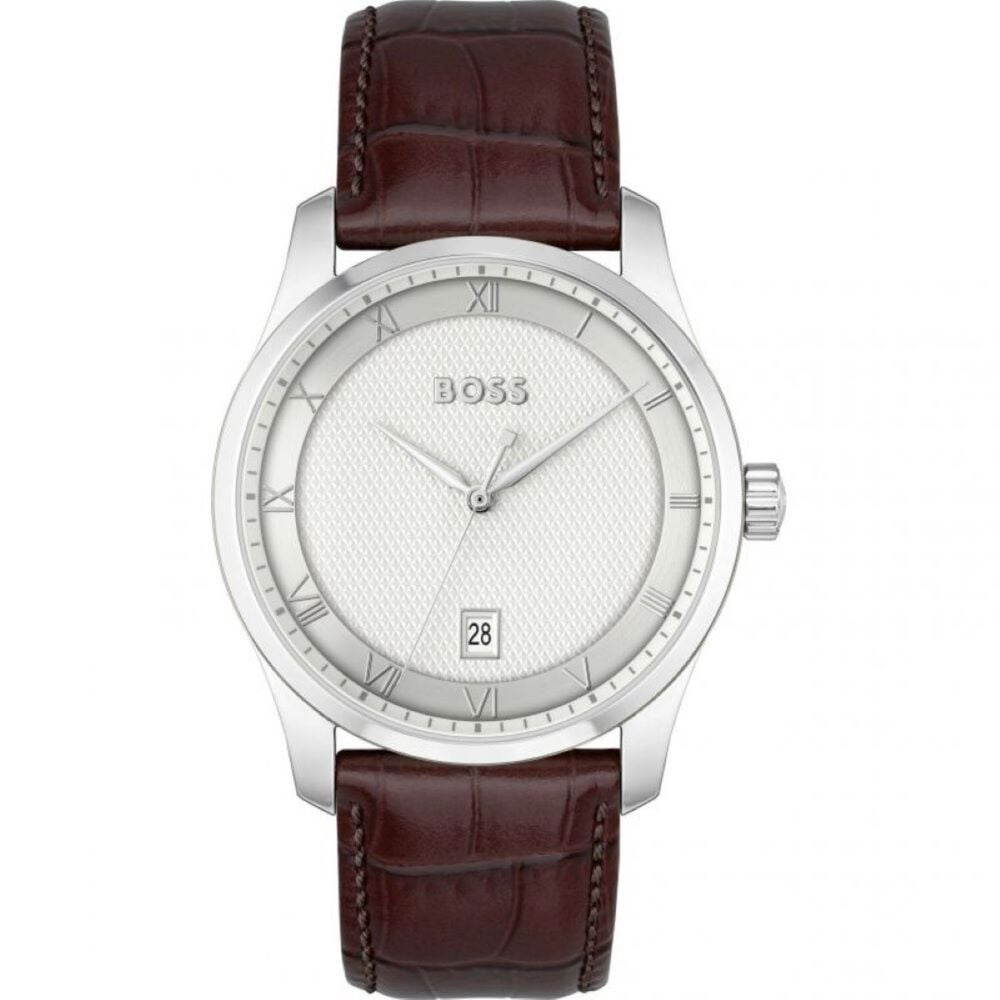 BOSS Principle 41mm Silver Dial 3 Hand Brown Leather Strap Watch