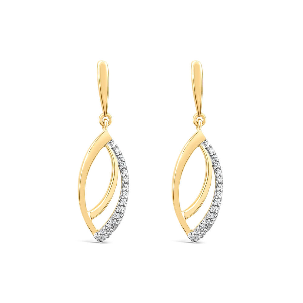 9ct Yellow & White Gold 0.10ct Diamond Set Navette Shaped Drop Earrings