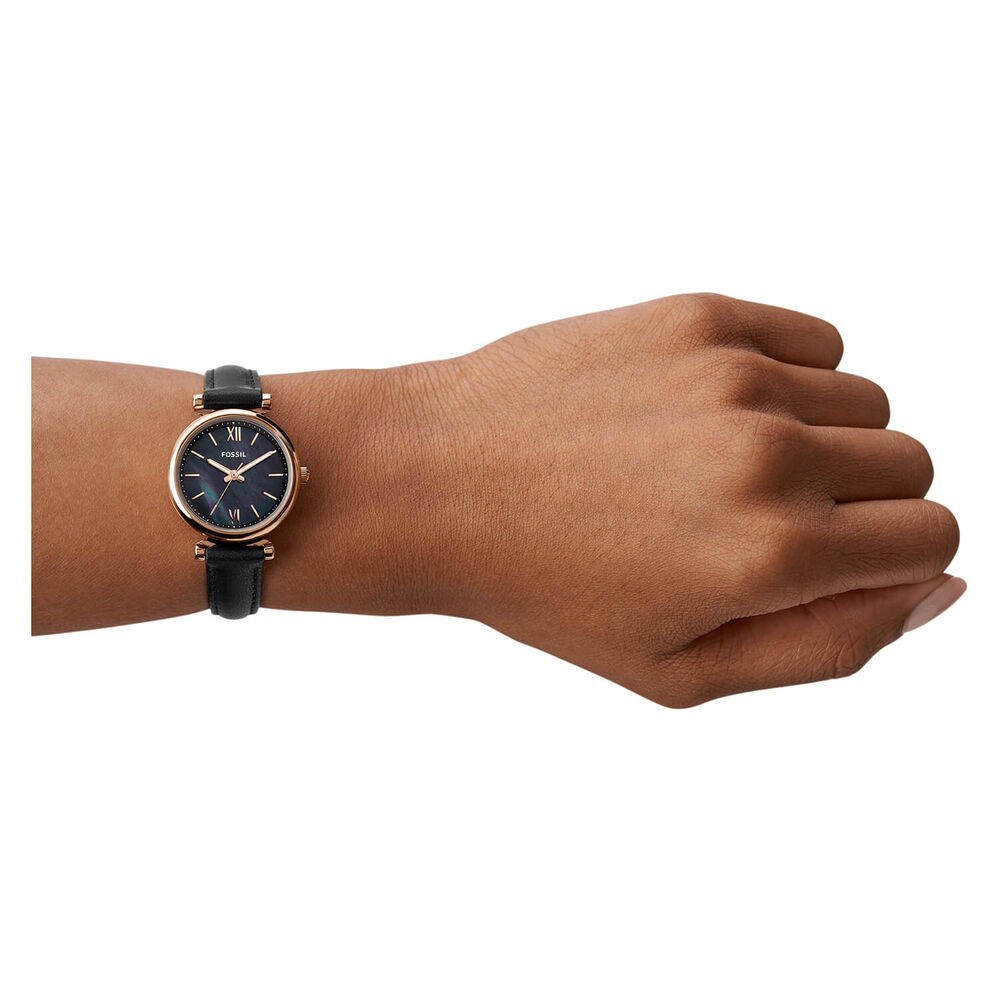 Fossil Carlie Mini 28mm Black Dial Rose Gold IP Case Black Strap Watch