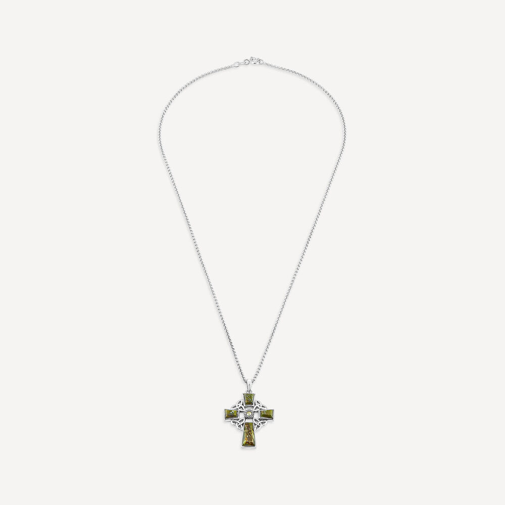 Silver Connemara Marble Marcasite Trinity Knot Cross Pendant image number 2