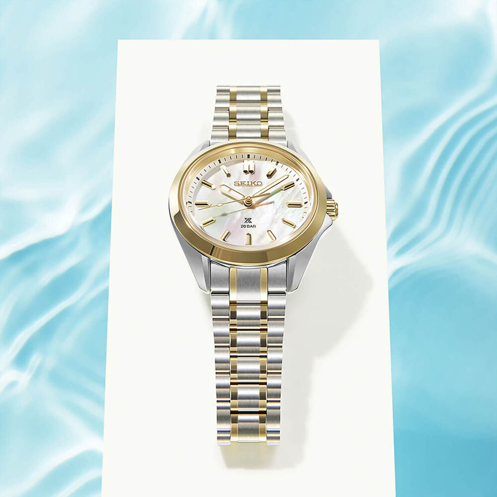 Seiko Prospex Sea 34mm White Mother of Pearl Dial Two Tone Stainless Steel Bracelet Watch