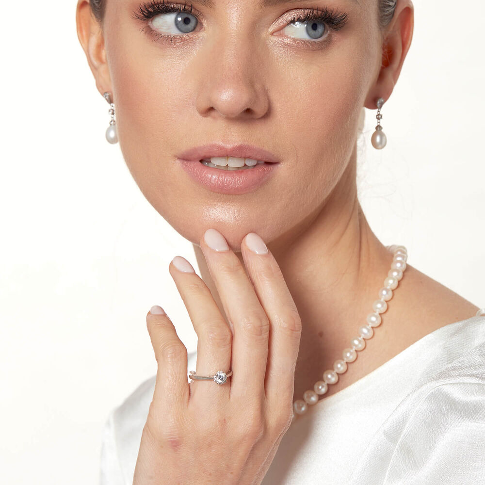 9ct White Gold Oval Freshwater Pearl and Cubic Zirconia Round and Pear Top Drop Earrings image number 3