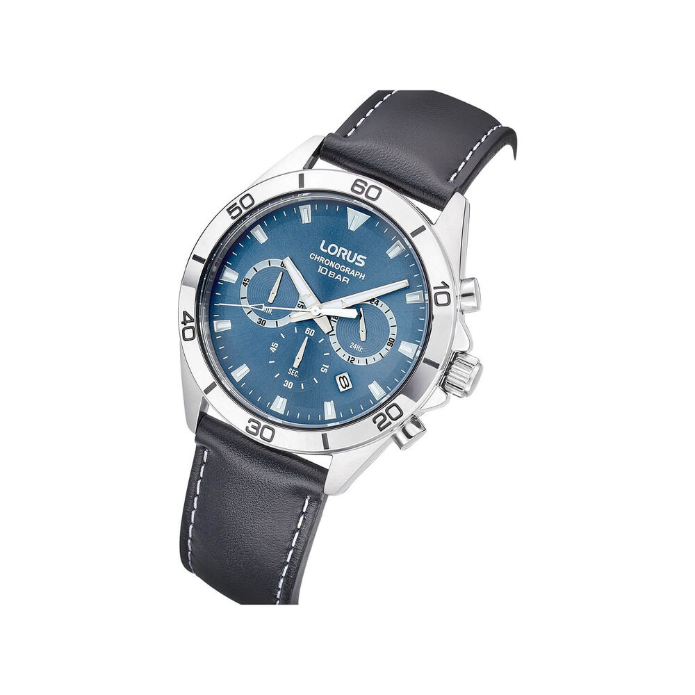 Lorus Quartz Chronograph 43mm Blue Dial Black Leather Strap Watch