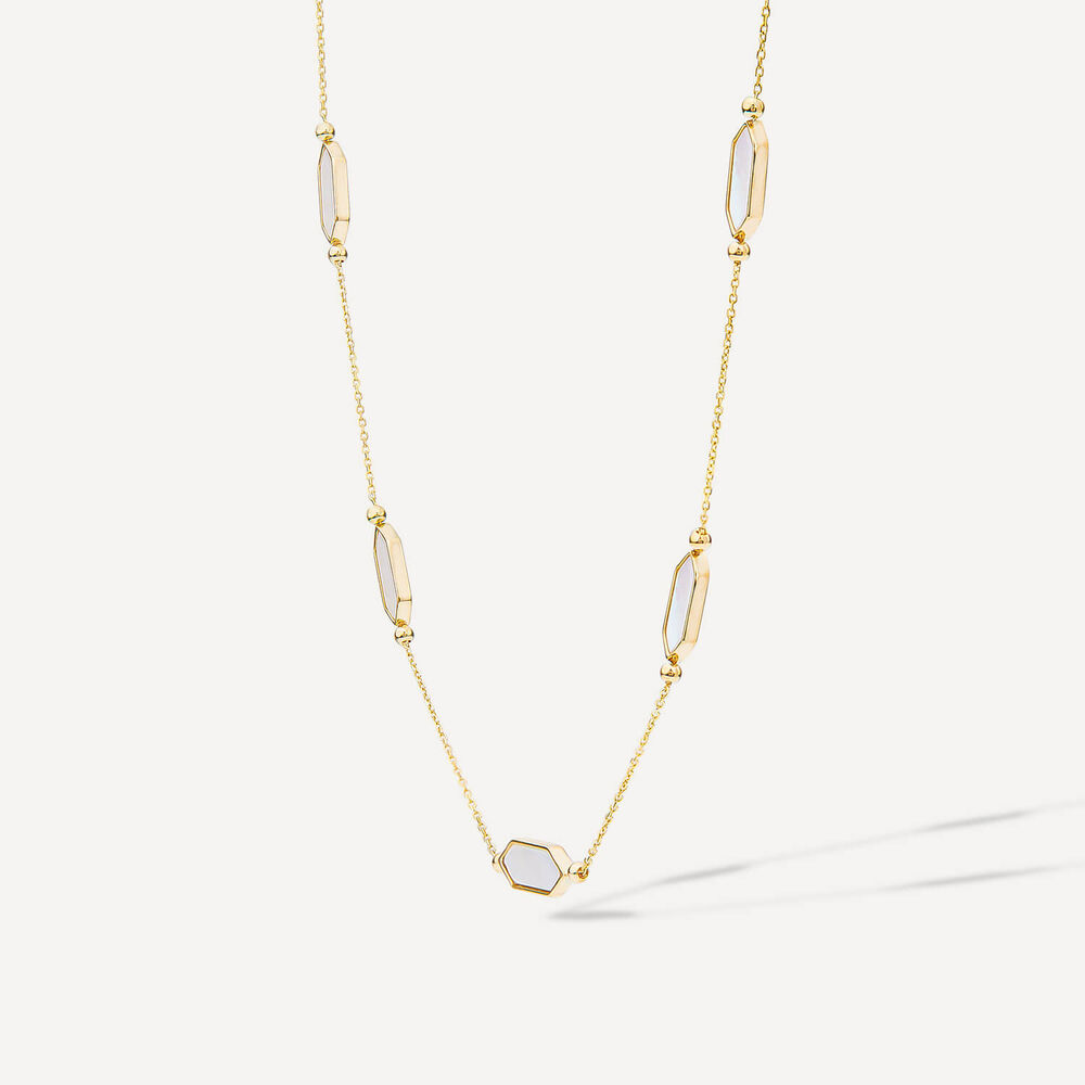 9ct Yellow Gold Oblong Hexagon Mother of Pearl Link & Chain Necklet image number 1