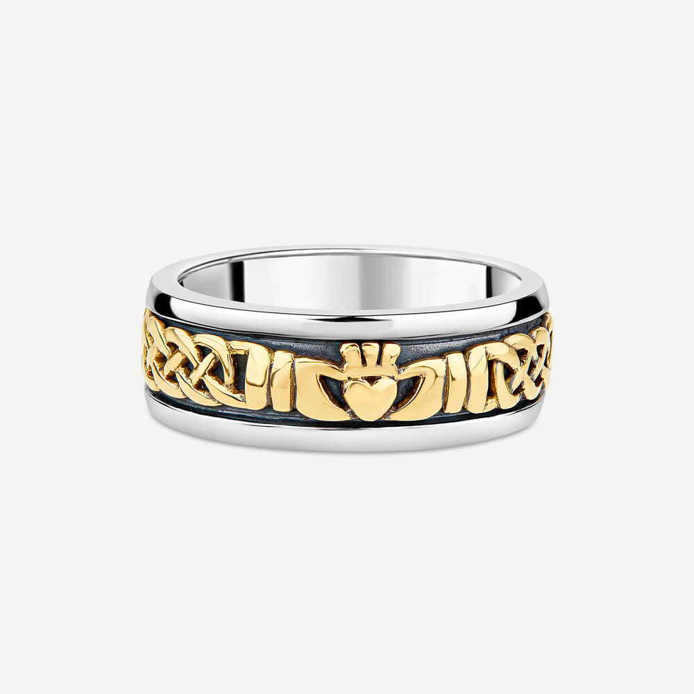 Sterling Silver & 9ct Yellow Gold Claddagh Celtic Knot Men's Band Ring image number 2