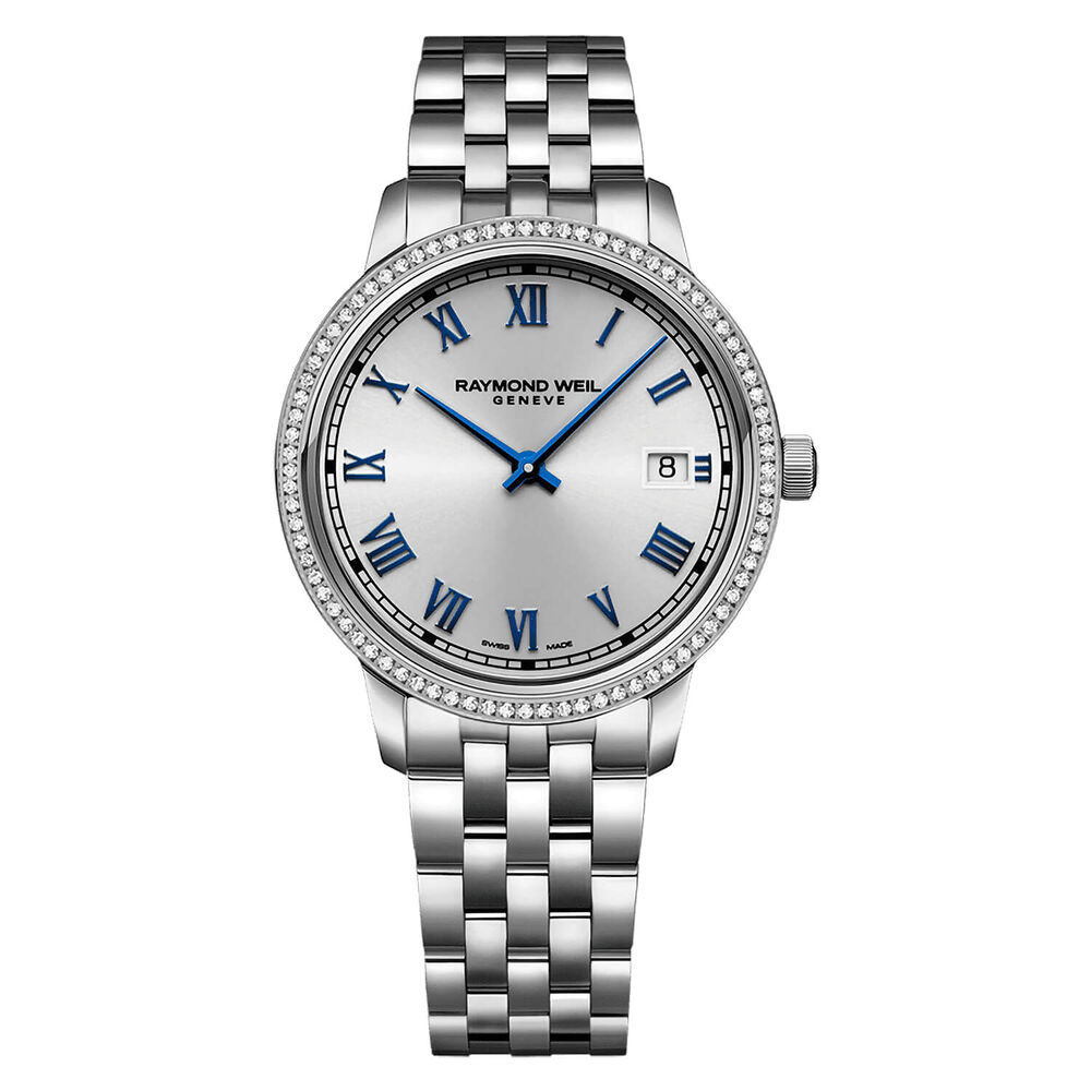 Raymond Weil Toccata 34mm Silver Dial Blue Index Diamond Bezel Watch