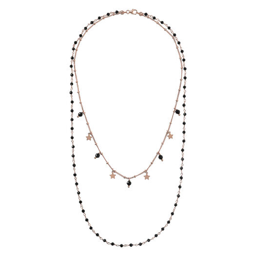 Bronzallure 18ct Rose Gold Plated Stars And Black Spinel Spheres Double Strand Necklace