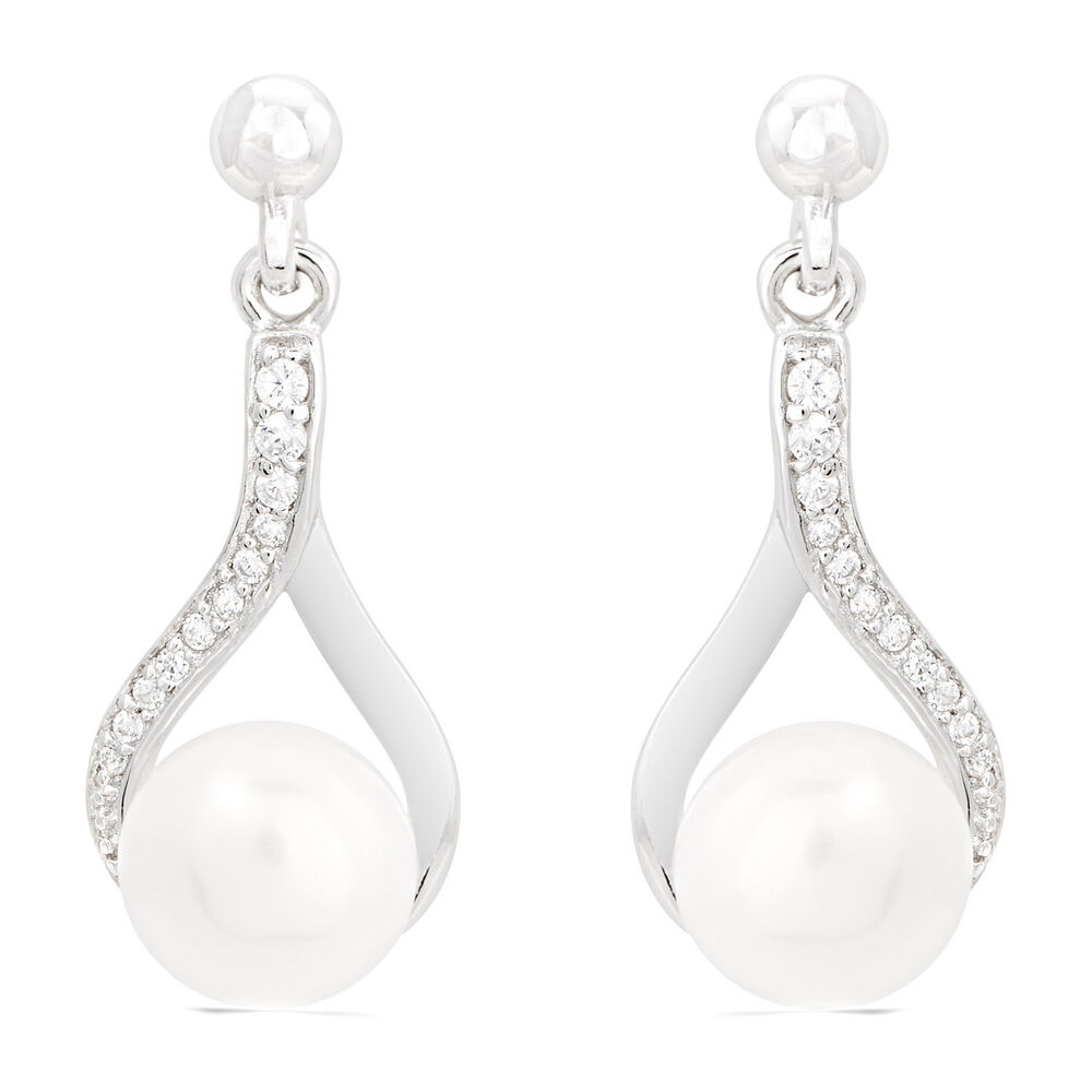 Ladies Sterling Silver with Cubic Zirconia and Freshwater Pearl Twist Top Drop Earrings image number 2