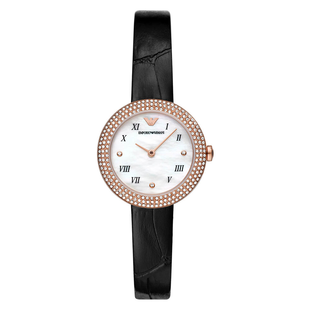 Emporio Armani Rosa 30mm White MOP Dial Rose Gold Bezel Cubic Zirconia Set Black Strap Watch