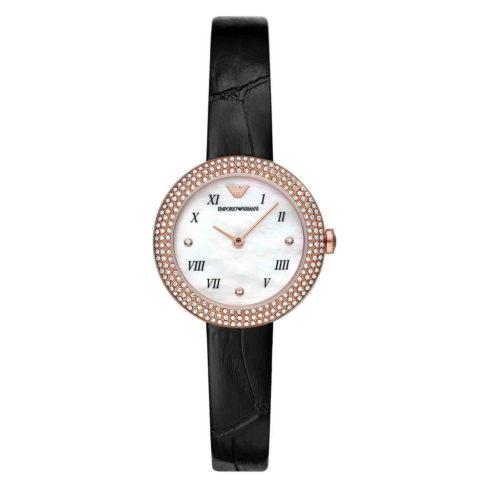 Emporio Armani Rosa 30mm White Mother of Peral Dial Rose Gold Bezel Cubic Zirconia Set Black Strap Watch
