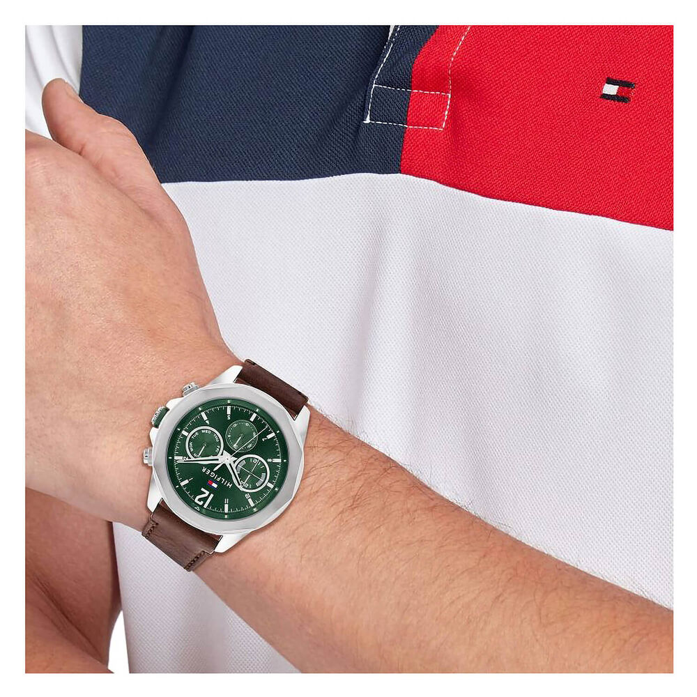 Tommy Hilfiger 46mm Green Dial Brown Leather Strap Watch image number 2